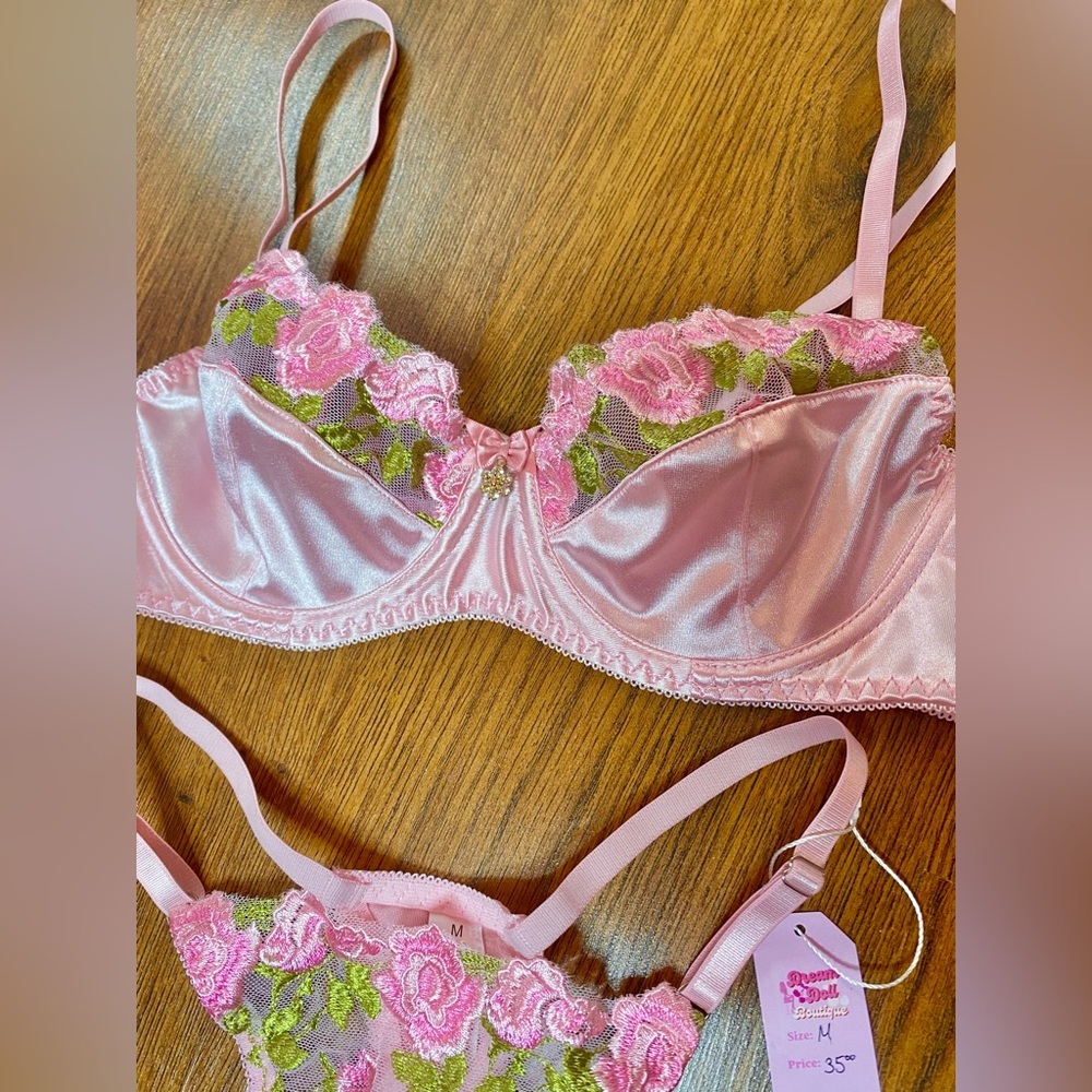 🎀🌷 Ethereal Pink Satin & Sheer Floral Embroidery Lace 2 Pc Lingerie Set 🌷🎀 NWT - Picture 5 of 13